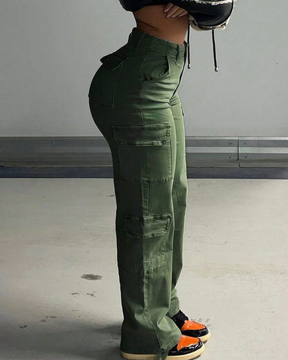 Calças de Cintura Alta Cargo para Mulher com Vários Bolsos