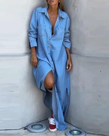 Vestido informal com abertura e botões para mulher