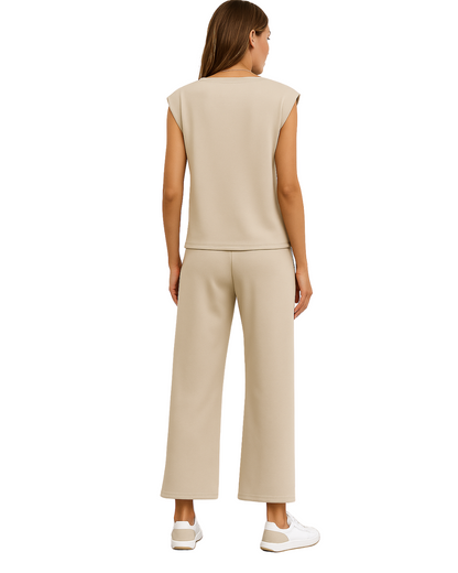 Conjunto feminino de duas peças com top largo de manga curta e calças Colgadas