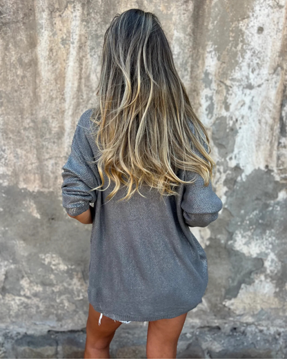 Camisola de Malha Brilhante com Decote em V para Mulher