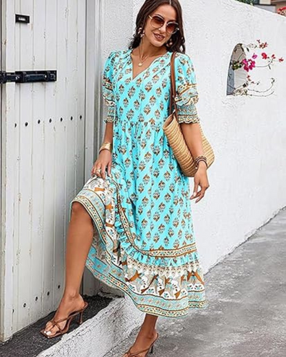 Vestido comprido e solto com mangas e decote em V