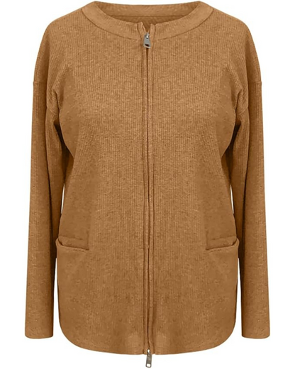 Casaco Curto de Malha Grossa para Mulher com Fecho de Correr e Corte Descontraído