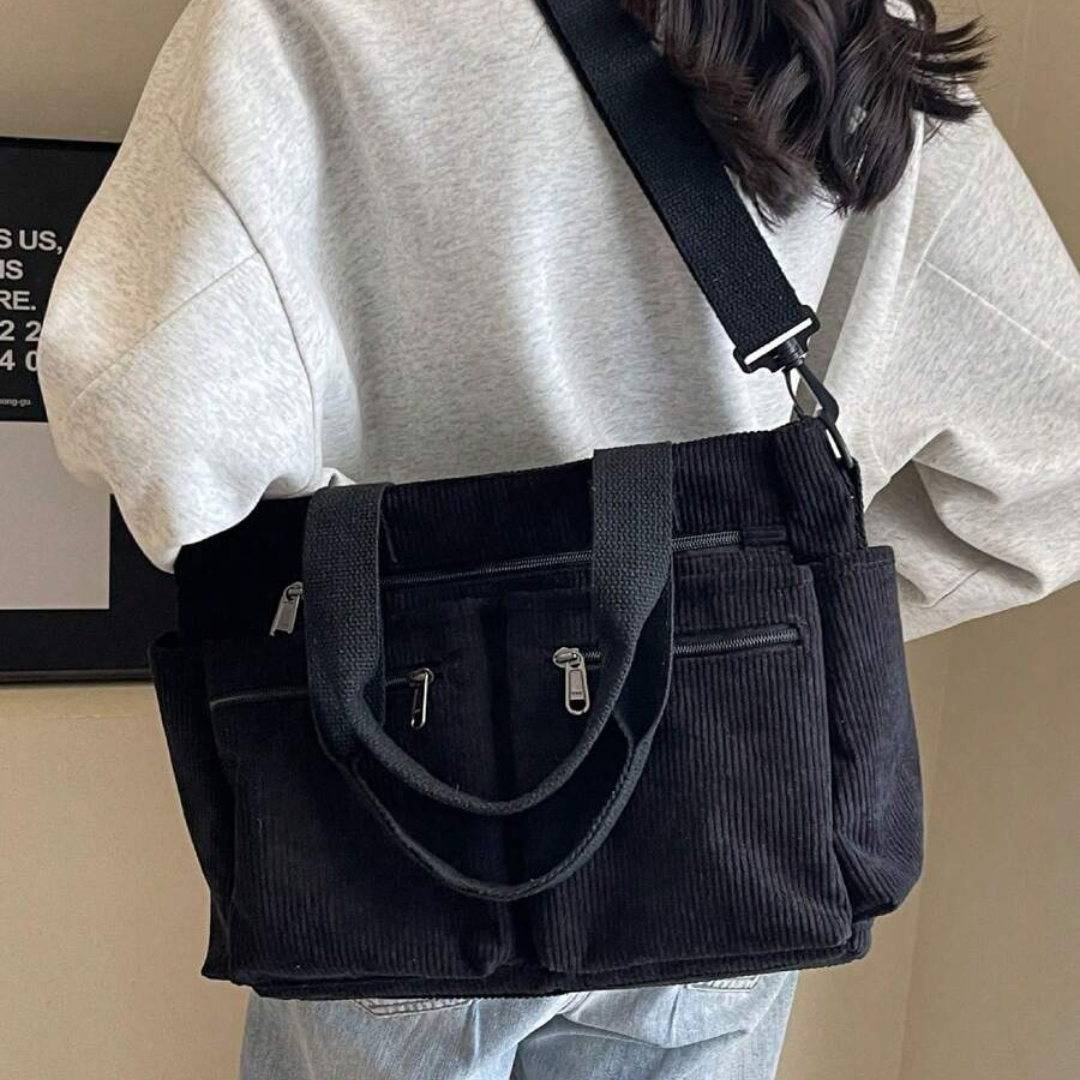 Bolsa de Bombazina com Vários Compartimentos e Design Casual, Ideal para o Dia a Dia e para Viagens.