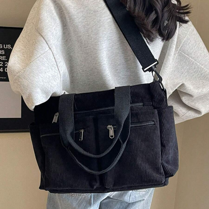 Bolsa de Bombazina com Vários Compartimentos e Design Casual, Ideal para o Dia a Dia e para Viagens.