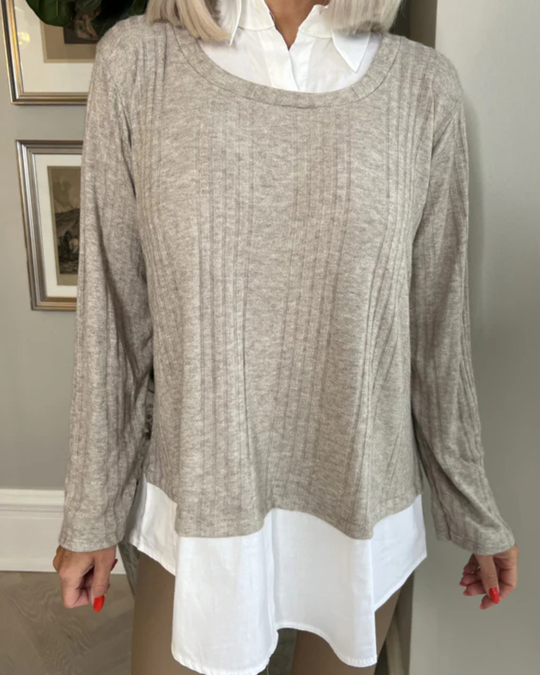 Blusa de Duas Peças com Lapela e Mangas Compridas com Remendos Casuais