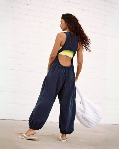 Macacão feminino sem mangas com fecho de correr e bolsos espaçosos