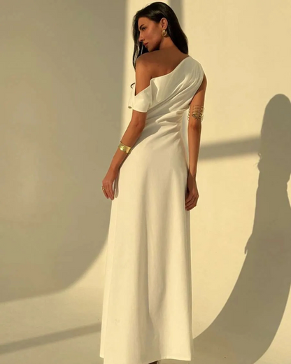 Vestido de lino comprimido con ombro descoberto