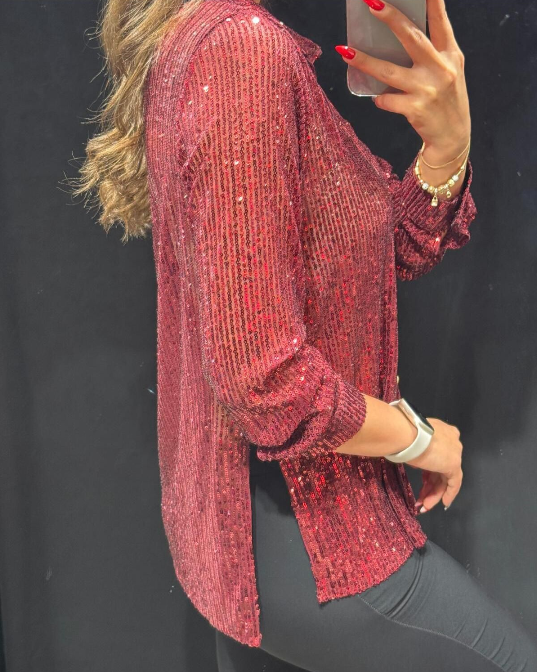 Camisa Casual de Manga Comprida com Lantejoulas e Gola Virada para Baixo