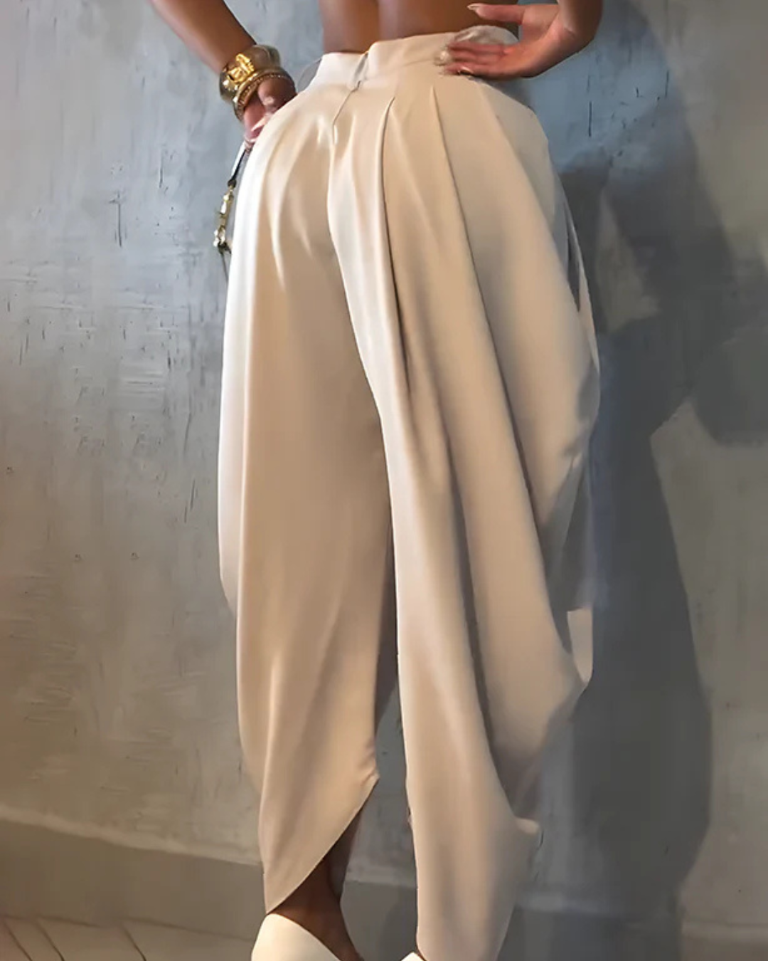 Calças casuais com cintura alta e franzido solto para mulher