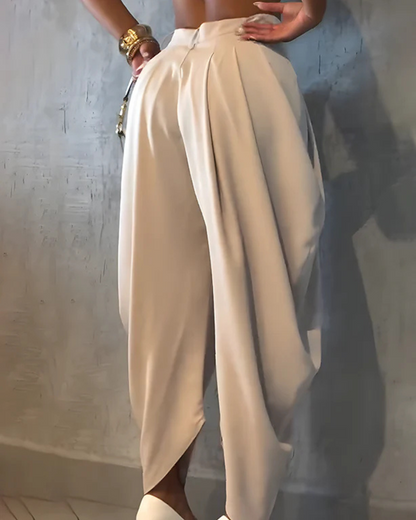 Calças casuais com cintura alta e franzido solto para mulher