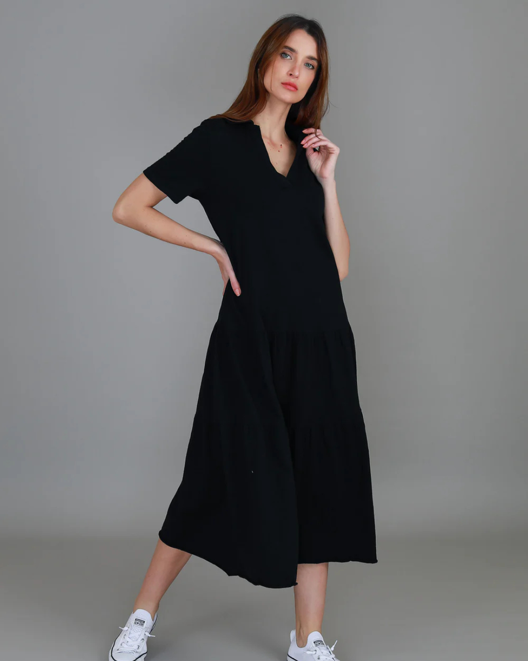 Vestido Comprido com Gola de Camisa e Estilo Solto