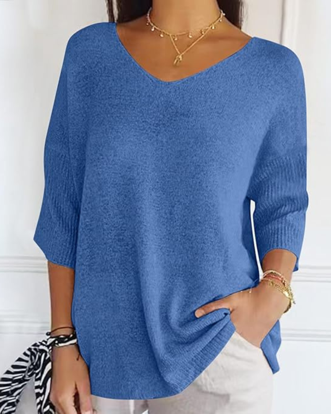 Blusa de Malha Leve de Manga Francesa com Decote em V para Mulher