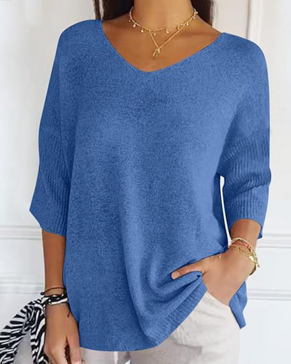 Blusa de Malha Leve de Manga Francesa com Decote em V para Mulher