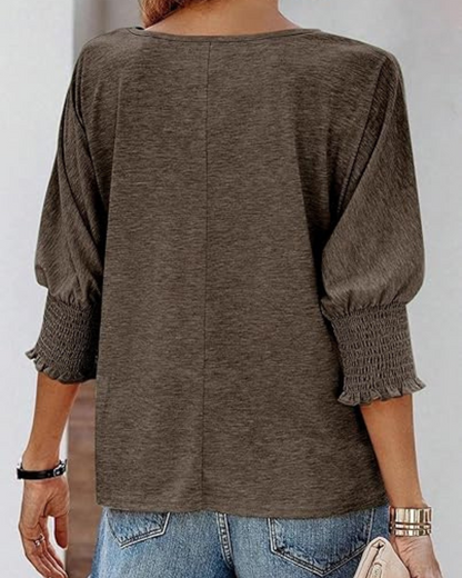 Blusa Casual de Manga 3/4 com Punhos com Folhos para Mulher