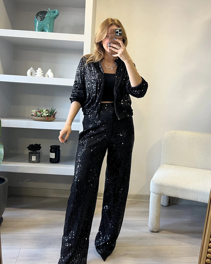 Conjunto Casual Feminino de Lantejoulas com Gola Redonda, Fecho de Correr e Calças