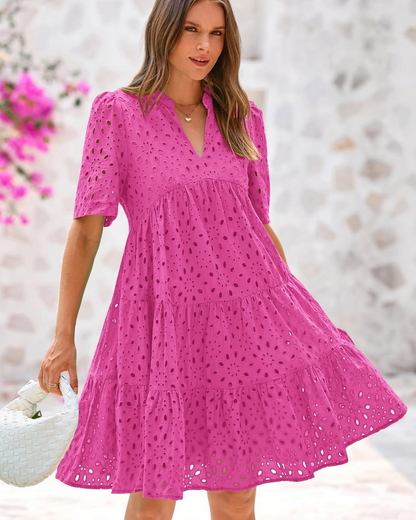 Minivestido Casual Elegante para Mulher com Renda Aberta e Folhos