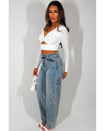 Calças de Ganga Largas com Pormenores de Diamantes e Estilo Cargo