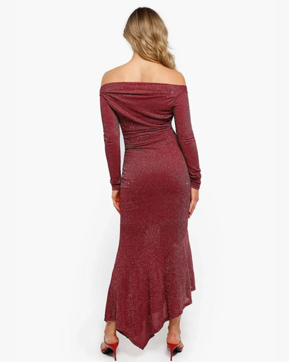 Vestido de Festa Justo com Efeito Cintilante e Mangas Compridas