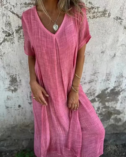 Vestido midi com decote em V em algodão e linho