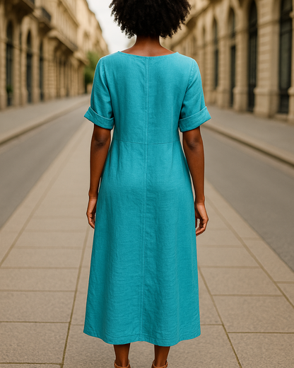 Vestido de Linho com Botões Laterais e Abertura Sofisticada