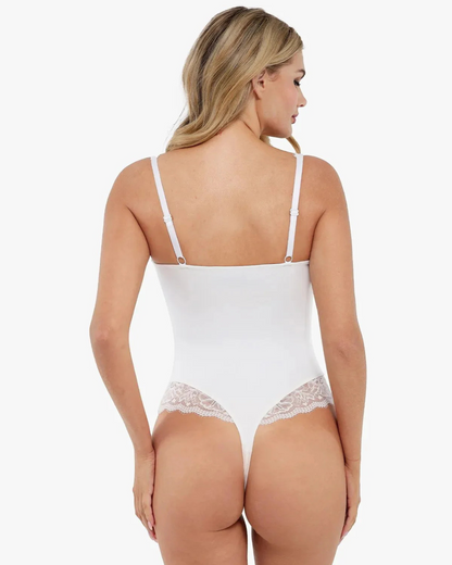 Body Modelador com Decote em V Profundo e Inserção de Renda