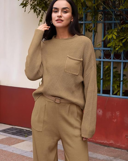 Conjunto Casual de Duas Peças para Mulher: Camisola de Malha e Calças Descontraídas com Bolsos