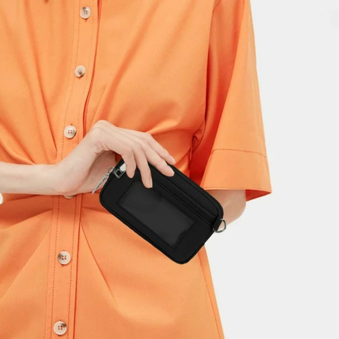 Mini carteira de nylon com janela de identificação e fecho de correr