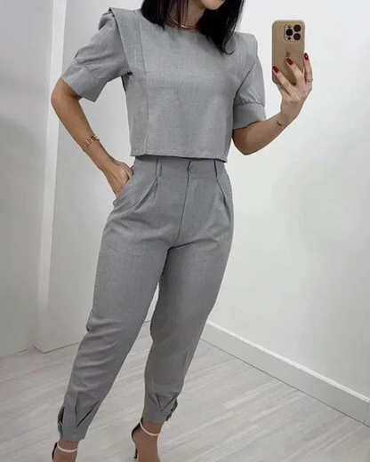 Conjunto de camisa e calças de duas peças com cintura ajustável para mulher