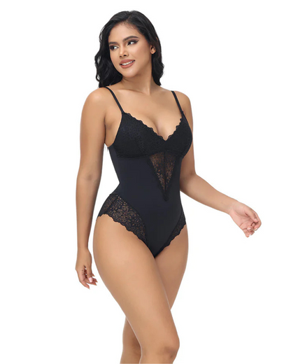 Body Modelador de uma Peça em Renda, sem Mangas, com Alças Finas para Mulher