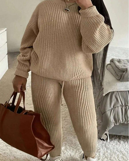 Conjunto Casual de Camisola de Manga Comprida com Gola Redonda e Calças Unicolores