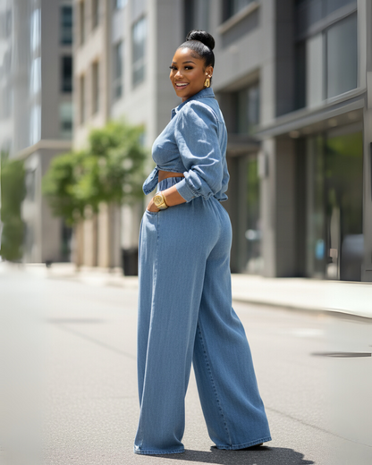 Conjunto formal feminino com top de manga comprida e calças largas