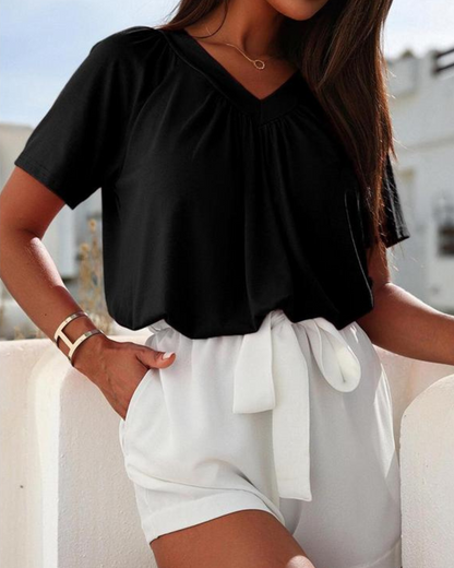 Camisola Casual de Verão com Decote em V para Mulher