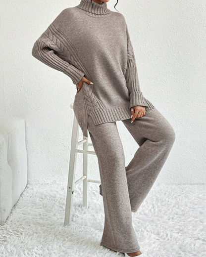 Conjunto Elegante de Duas Peças: Suéter Texturizado com Fenda e Bainha + Calças de Malha de Perna Larga