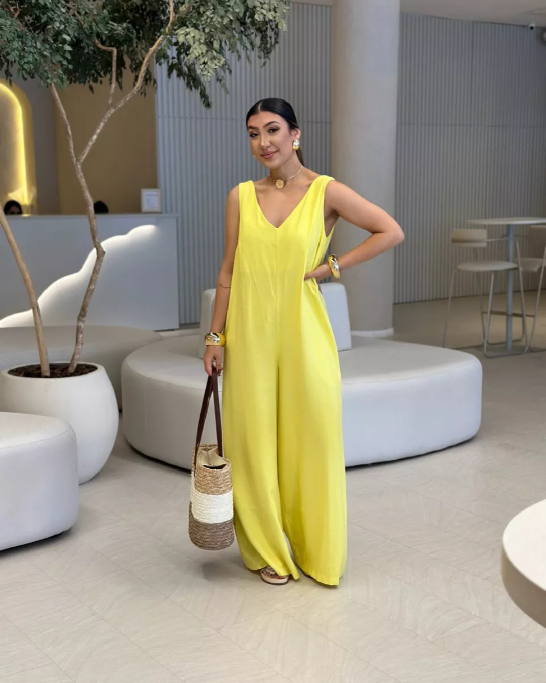 Macacão Casual de Cor Lisa com Decote em V para Mulher