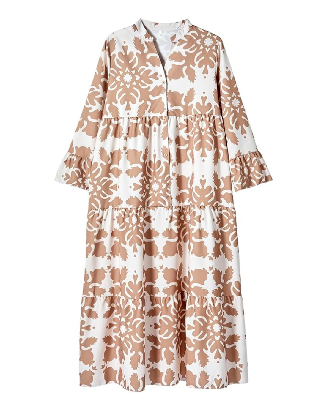 Vestido comprido estilo Boho com mangas compridas e folho escalonado