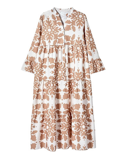 Vestido comprido estilo Boho com mangas compridas e folho escalonado