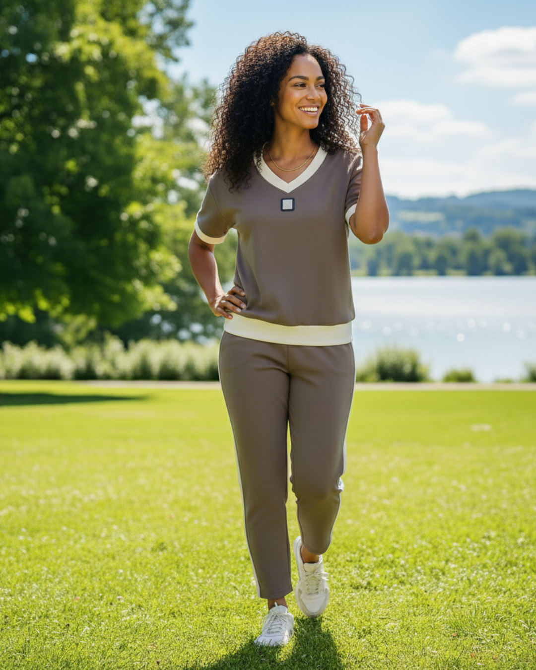 Conjunto elegante de top e calças com decote em V