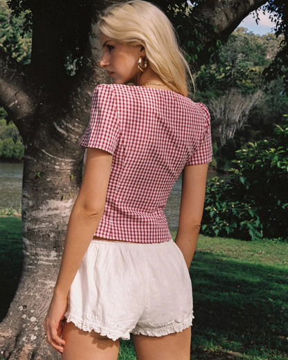 Blusa de Tartã com Decote em V e Mangas Curtas e Bufantes