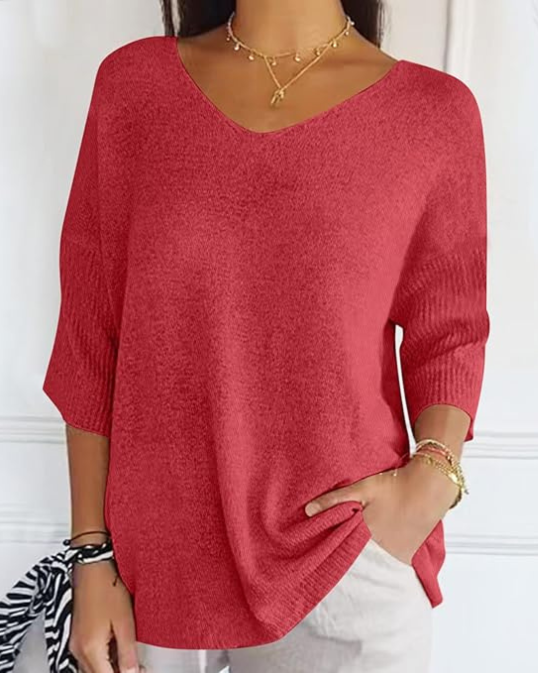 Blusa de Malha Leve de Manga Francesa com Decote em V para Mulher