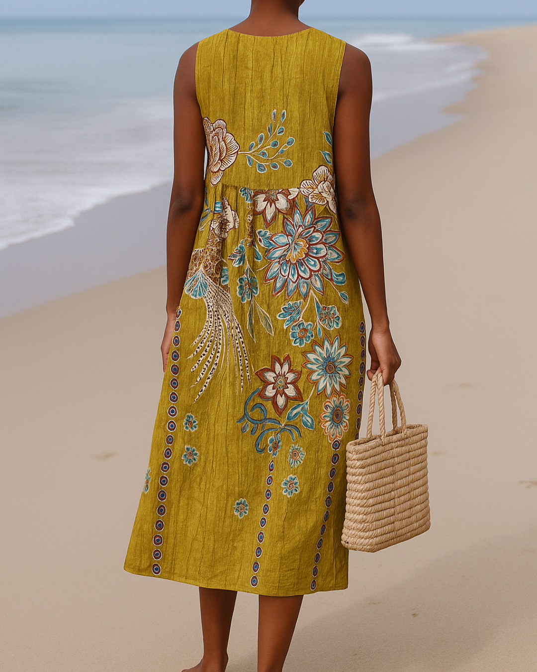 Vestido sem mangas com estampado floral vintage para mulher