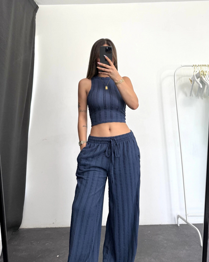 Conjunto de duas peças com top e calças largas elásticas para mulher