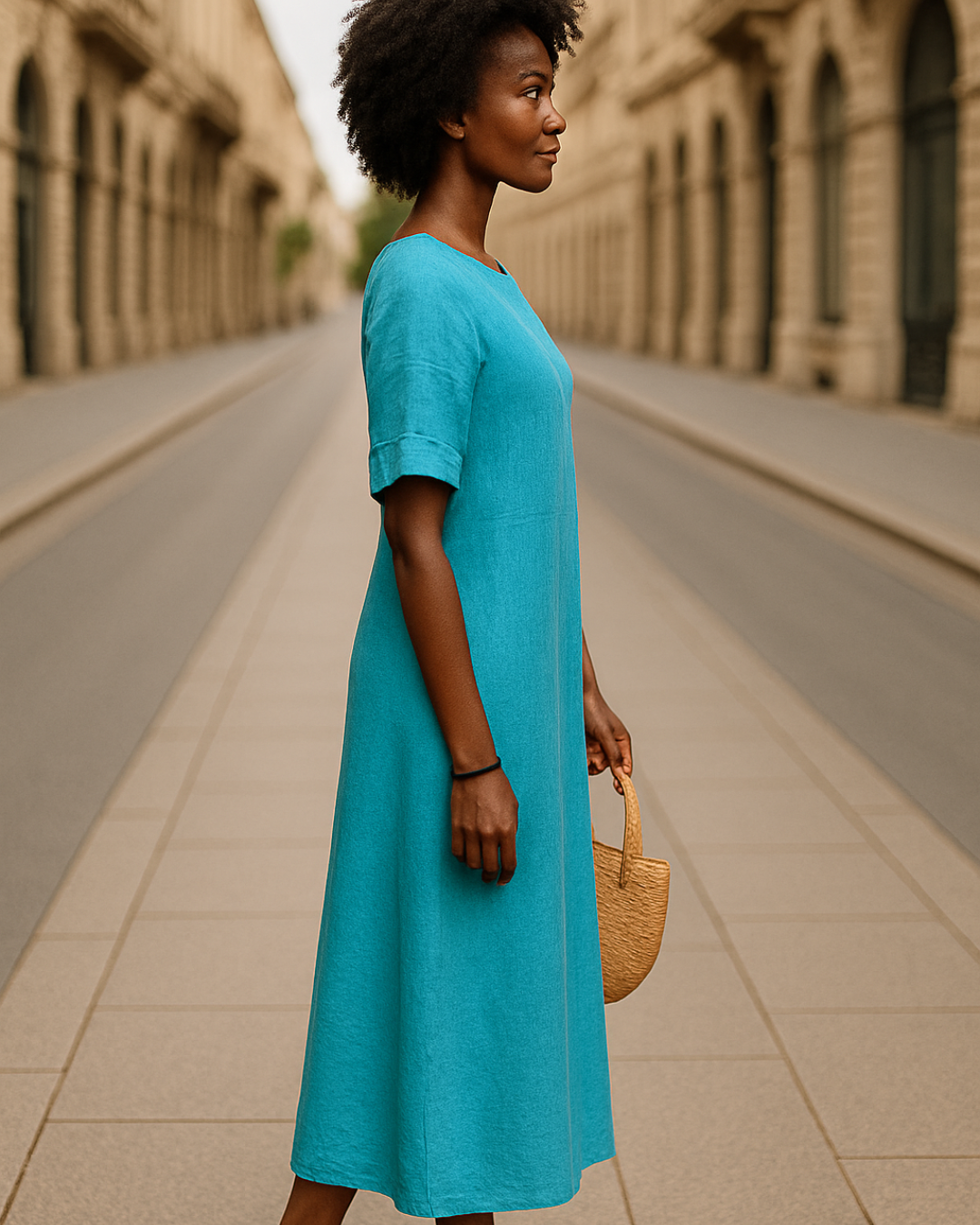 Vestido de Linho com Botões Laterais e Abertura Sofisticada