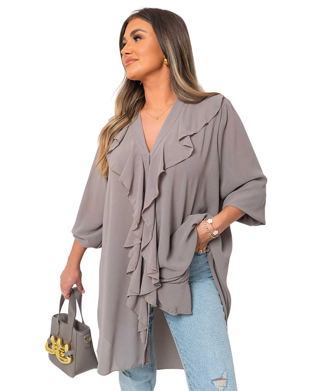 Blusa Casual Feminina com Decote em V, Folhos e Botões no Peito