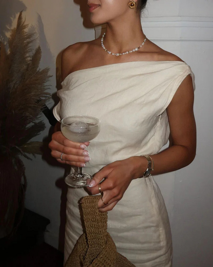 Vestido de lino comprimido con ombro descoberto