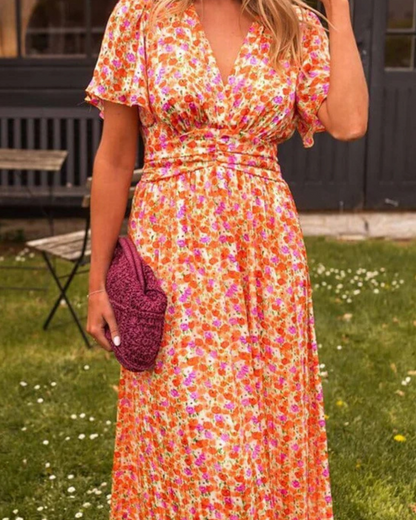 Vestido Comprido Floral com Decote em V e Cintura Franzida