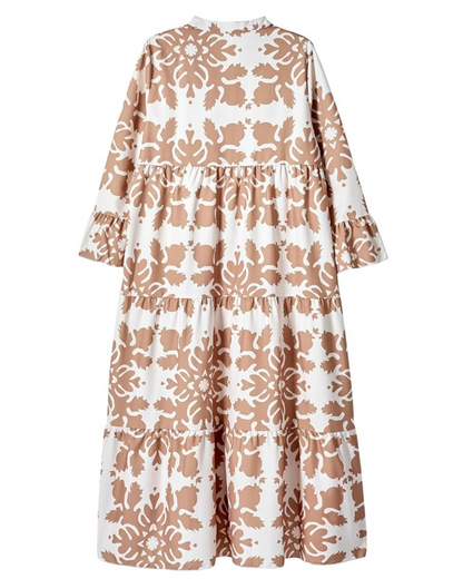 Vestido comprido estilo Boho com mangas compridas e folho escalonado