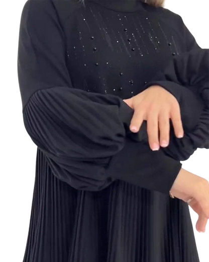 Vestido Elegante com Mangas Bufantes e Detalhes Plissados