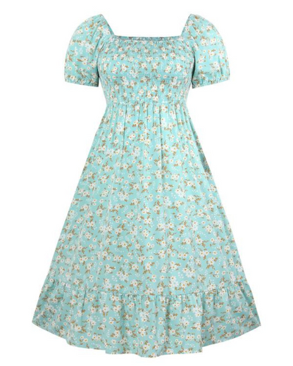 Vestido estampado com decote quadrado e corte império