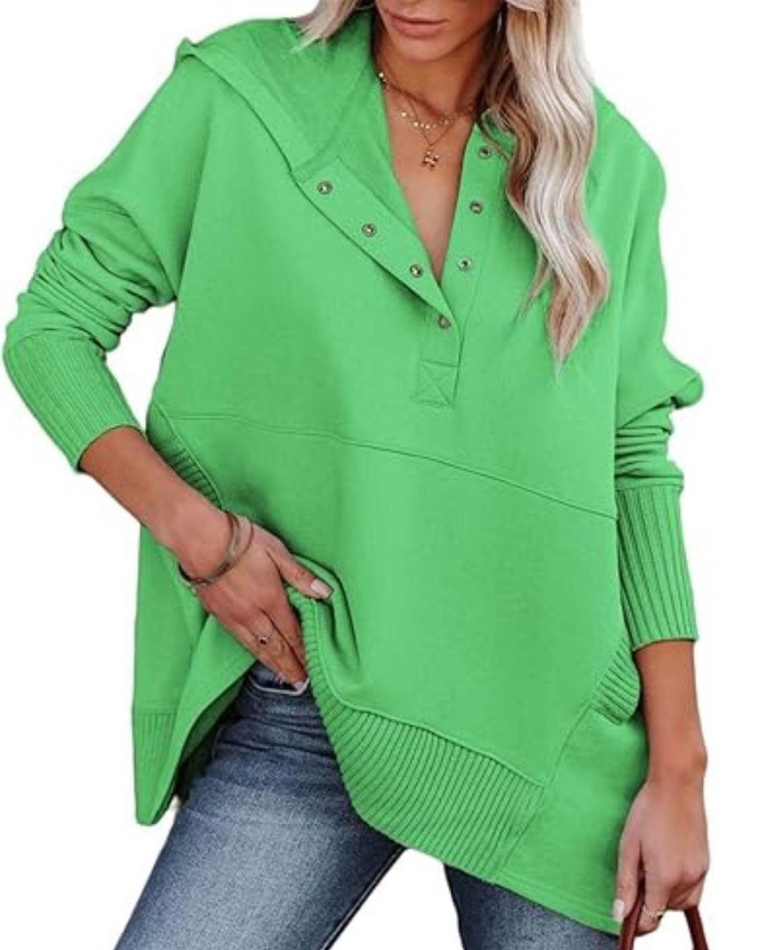 Camisola de Manga Comprida de Tamanho Grande com Decote em V e Botões