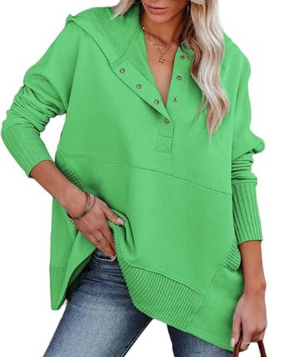 Camisola de Manga Comprida de Tamanho Grande com Decote em V e Botões